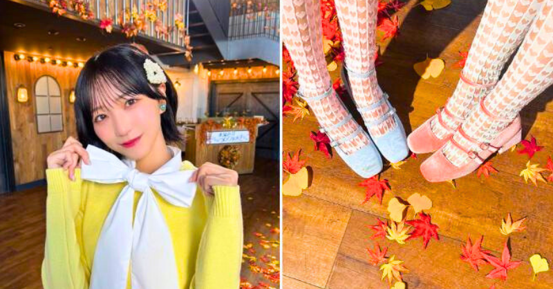 左側：大きな白いリボンと黄色のトップスを着た野口衣織が秋の装飾がされた室内でポーズをとっている画像。右側：紅葉の葉が散らばった木の床の上に、ハート柄のタイツとピンク・水色の靴を履いた2人の足元が並んでいる画像