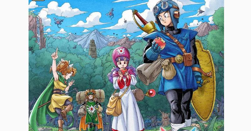 ドラゴンクエスト1&2リメイクの公式ビジュアル。勇者と仲間たちが森の中を進むイラストで、戦士・僧侶・魔法使いがそれぞれ装備を整え、遠くには山と塔がそびえる。