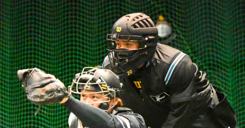 「野球の試合中、キャッチャーの後ろで構える球審。両者とも防具を着用し、緊張感のある表情でプレーに集中している。」