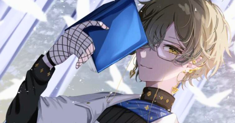 アイクが、青い本で片目を隠しながら微笑んでいるイラスト。