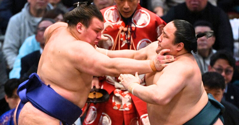 大相撲の取組で、安青錦関（左）が相手力士を力強く押し出している場面。激しい攻防の最中、両者の表情にも緊張感があふれている。