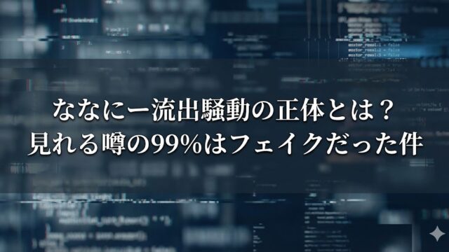 暗い青系のデジタル背景に、プログラムのコードや画面表示がぼんやり映っている画像。中央に「ななにー流出騒動の正体とは？見れる噂の99%はフェイクだった件」という白い文字が重ねられている。