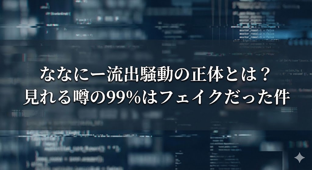 暗い青系のデジタル背景に、プログラムのコードや画面表示がぼんやり映っている画像。中央に「ななにー流出騒動の正体とは？見れる噂の99%はフェイクだった件」という白い文字が重ねられている。