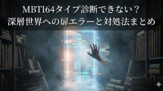 暗い古い書庫の中央に、光り輝くデジタルな「扉」が浮かび、手を伸ばす人影が映るミステリアスな画像。 上に白文字で大きく「MBTI64タイプ診断できない？ 深層世界への扉エラーと対処法まとめ」と書かれているサムネイル画像です
