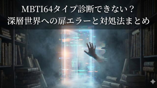 暗い古い書庫の中央に、光り輝くデジタルな「扉」が浮かび、手を伸ばす人影が映るミステリアスな画像。 上に白文字で大きく「MBTI64タイプ診断できない？ 深層世界への扉エラーと対処法まとめ」と書かれているサムネイル画像です