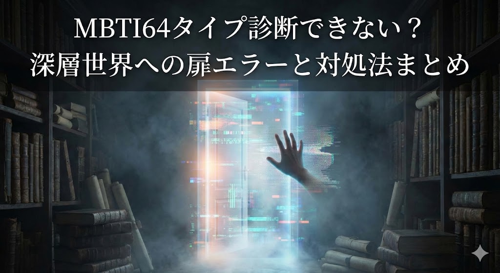 暗い古い書庫の中央に、光り輝くデジタルな「扉」が浮かび、手を伸ばす人影が映るミステリアスな画像。 上に白文字で大きく「MBTI64タイプ診断できない? 深層世界への扉エラーと対処法まとめ」と書かれているサムネイル画像です