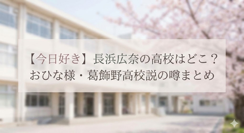 「【今日好き】長浜広奈の高校はどこ?おひな様・葛飾野高校説の噂まとめ」というテキストが桜が咲く高校の校舎を背景に表示されている画像。