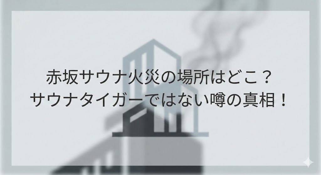 赤坂の個室サウナ火災について「赤坂サウナの場所はどこ？サウナタイガーではない噂の真相！」と書かれたサムネイル画像（煙とビルのシルエット背景）
