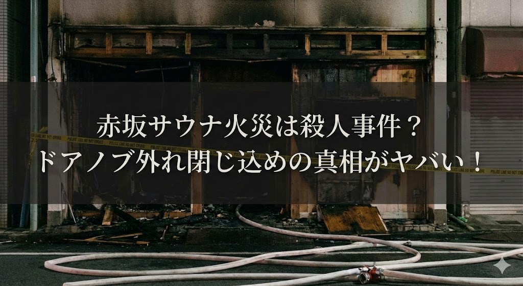 焼け焦げた建物の外観と現場に伸びる消防ホースの写真に、「赤坂サウナ火災は殺人事件?ドアノブ外れ閉じ込めの真相がヤバい!」という見出し文字が重ねられているサムネイル画像。