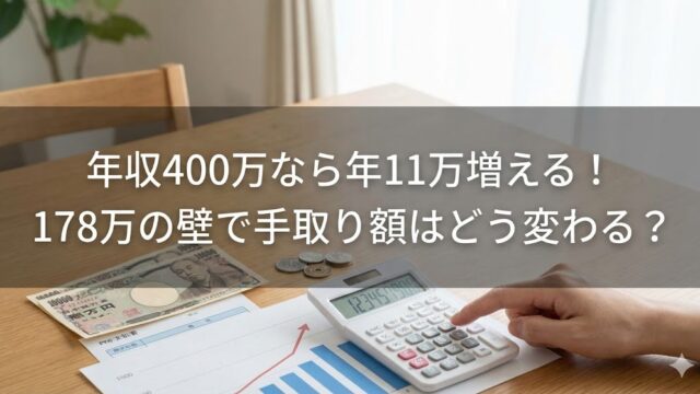 木のテーブルの上で手元が電卓を操作し、現金（紙幣・硬貨）と棒グラフ資料が置かれている場面に「年収400万なら年11万増える！178万の壁で手取り額はどう変わる？」という文字が重なった画像。