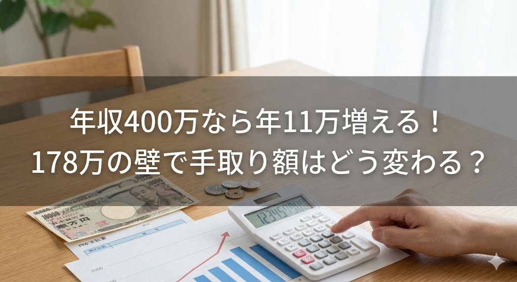 木のテーブルの上で手元が電卓を操作し、現金(紙幣・硬貨)と棒グラフ資料が置かれている場面に「年収400万なら年11万増える!178万の壁で手取り額はどう変わる?」という文字が重なった画像。