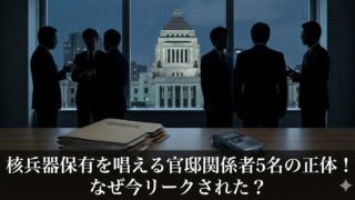 国会議事堂を望む夜の会議室で、スーツ姿の男性たちのシルエットが窓際に立ち、机上に「CONFIDENTIAL」と書かれた書類束と録音機が置かれている背景に、「核兵器保有を唱える官邸関係者5名の正体！ なぜ今リークされた？」という白文字の見出しが入ったサムネイル画像。