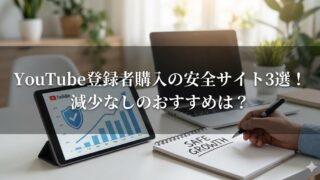 デスク上のタブレットにYouTubeロゴと上昇グラフが表示され、手元のノートに「SAFE GROWTH」と書き込む様子。画像内に「YouTube登録者購入の安全サイト3選！減少なしのおすすめは？」の文字が入っている。