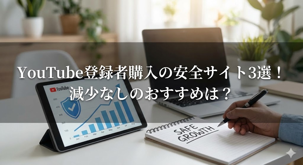 デスク上のタブレットにYouTubeロゴと上昇グラフが表示され、手元のノートに「SAFE GROWTH」と書き込む様子。画像内に「YouTube登録者購入の安全サイト3選！減少なしのおすすめは？」の文字が入っている。