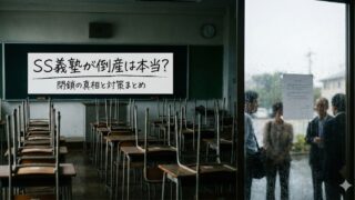 教室内に誰もいない状態で椅子がすべて机の上に上がっており、黒板には「SS義塾が倒産は本当？閉鎖の真相と対策まとめ」と書かれている。窓の外では雨が降る中、保護者らしき数人が掲示された紙を見ながら話し合っている様子が見える。