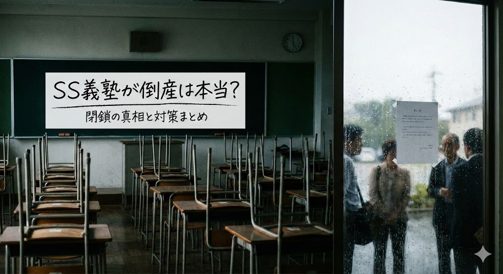 教室内に誰もいない状態で椅子がすべて机の上に上がっており、黒板には「SS義塾が倒産は本当？閉鎖の真相と対策まとめ」と書かれている。窓の外では雨が降る中、保護者らしき数人が掲示された紙を見ながら話し合っている様子が見える。