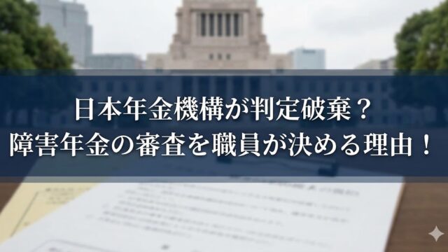 国会議事堂のような建物を背景に、書類の写真の上へ「日本年金機構が判定破棄？障害年金の審査を職員が決める理由！」という白文字見出しを載せたサムネイル画像。