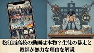 ひび割れたスマホに「本物？」「暴走」と教室の騒動映像、右側に頭を抱える教師と「システム」「規則」の歯車、下部に「松江西高校の動画は本物？生徒の暴走と教師が無力な理由を解説」とあるサムネイル画像
