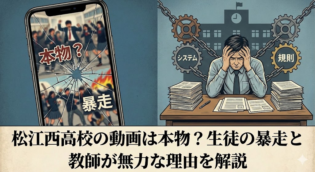 ひび割れたスマホに「本物?」「暴走」と教室の騒動映像、右側に頭を抱える教師と「システム」「規則」の歯車、下部に「松江西高校の動画は本物?生徒の暴走と教師が無力な理由を解説」とあるサムネイル画像