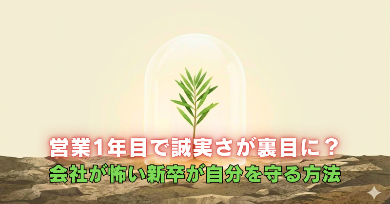 乾いた地面の上、ガラスドームの中で芽吹く若葉と「営業1年目で誠実さが裏目に?会社が怖い新卒が自分を守る方法」の文字