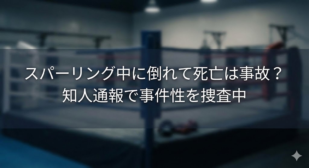 ジムのリング（ボクシング／格闘技用）がぼかして写った背景に、「スパーリング中に倒れて死亡は事故？知人通報で事件性を捜査中」という白文字のテロップが重ねられている画像。