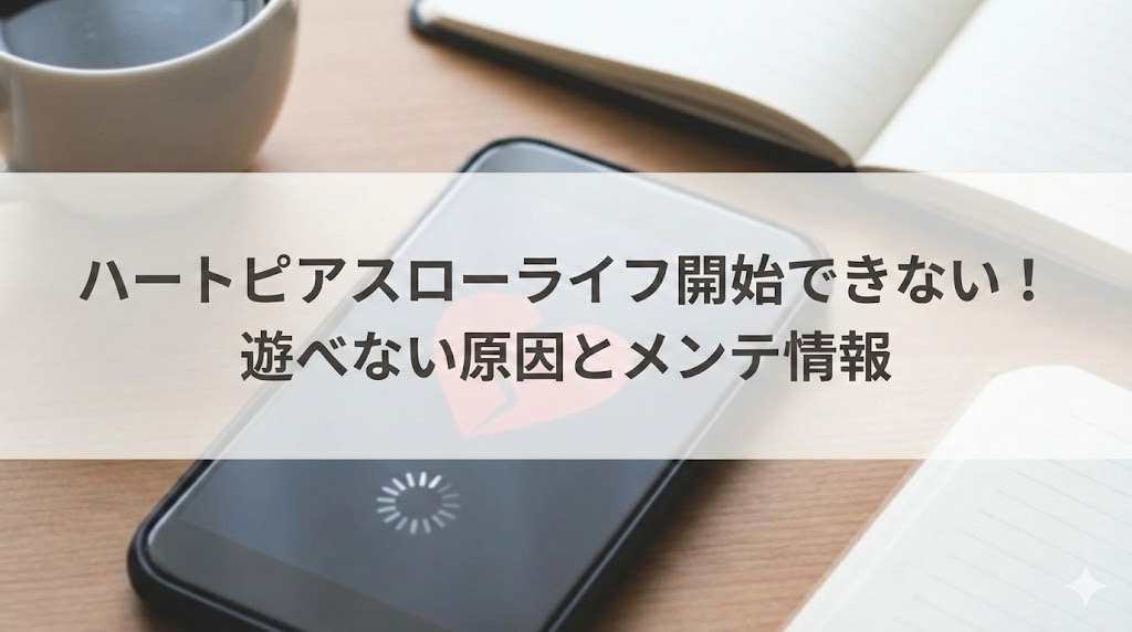 机の上のスマホに読み込みマークが表示され、「ハートピアスローライフ開始できない！遊べない原因とメンテ情報」と書かれたアイキャッチ画像。