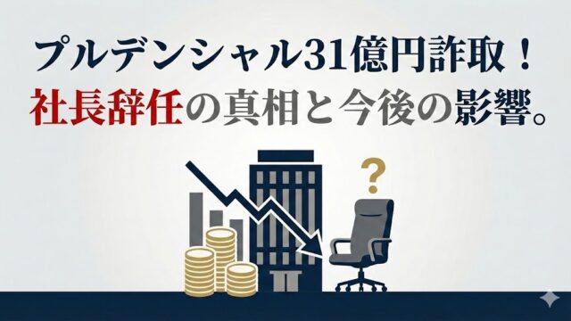 「プルデンシャル31億円詐取！社長辞任の真相と今後の影響。」の文字と、下落グラフ・コイン・ビル・空席の椅子（？マーク）を描いたイメージ。
