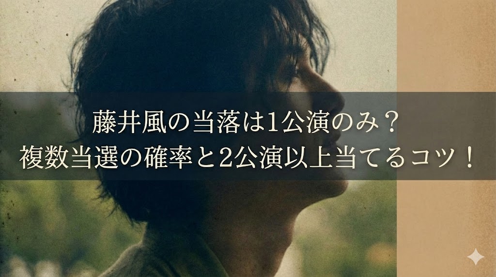 横顔の男性の写真に「藤井風の当落は1公演のみ？複数当選の確率と2公演以上当てるコツ！」と大きく文字が入ったバナー画像