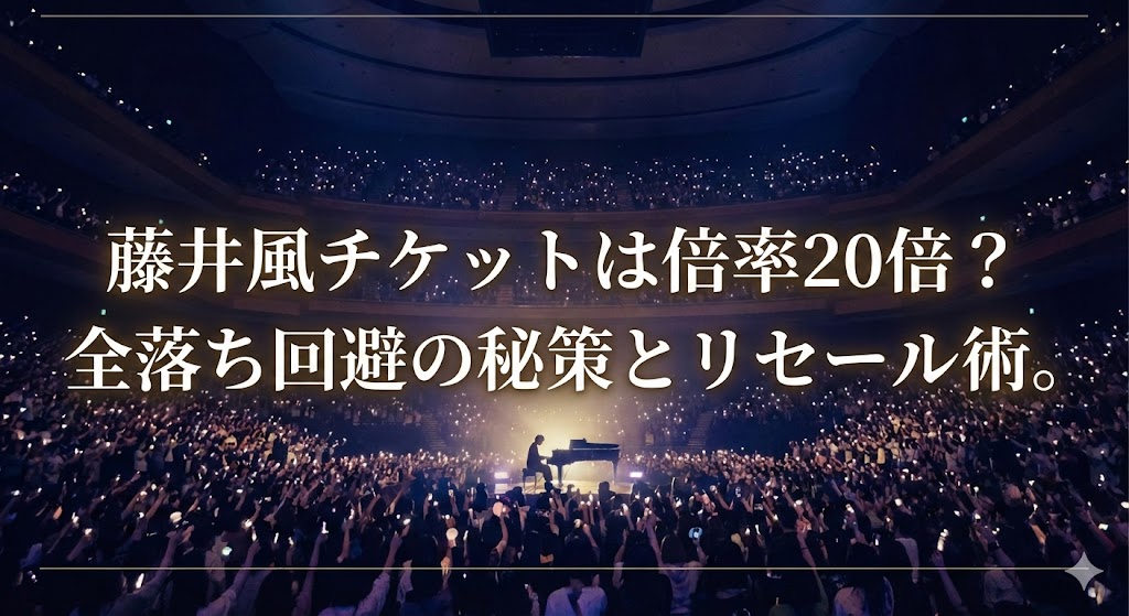 満員のコンサート会場でステージ上のピアノを写した写真に「藤井風チケットは倍率20倍？全落ち回避の秘策とリセール術。」と大きく文字が入ったバナー画像