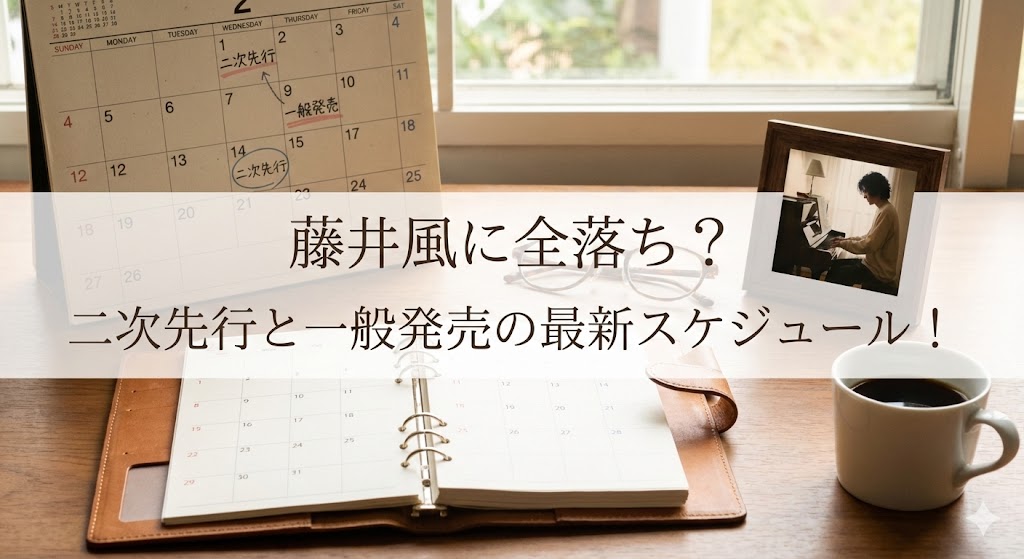カレンダーと手帳が開かれた机の上にメガネとコーヒーが置かれ、「藤井風に全落ち？二次先行と一般発売の最新スケジュール！」と書かれたバナー画像