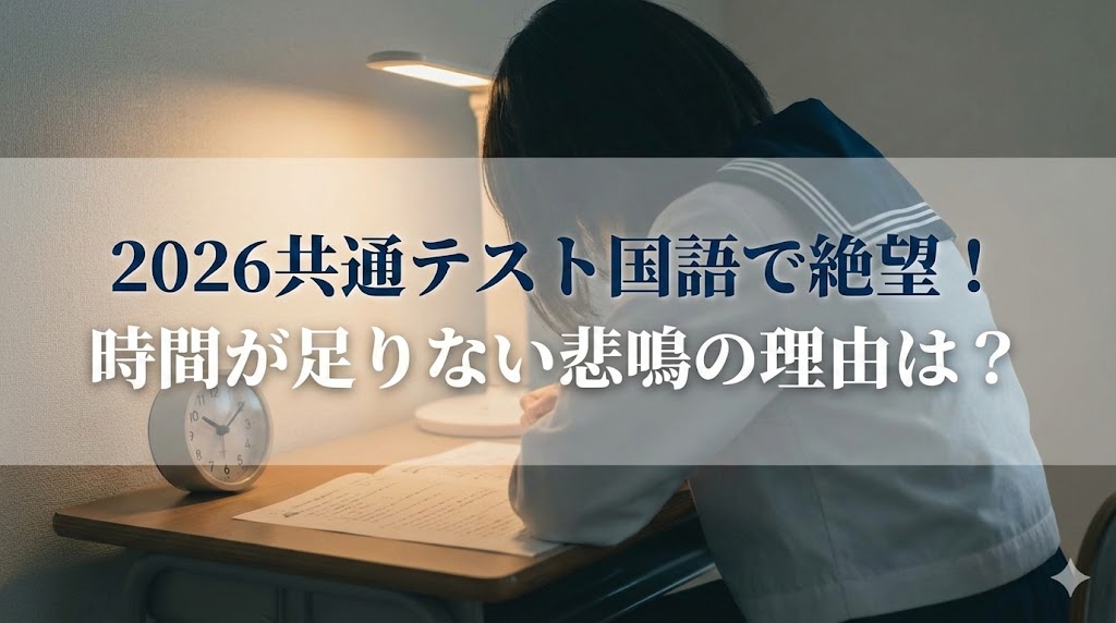机に向かってうつむく学生（制服姿）と置き時計・デスクライトが写り、「2026共通テスト国語で絶望！時間が足りない悲鳴の理由は？」と文字が入ったバナー画像