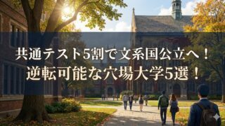 秋の大学キャンパスを歩く学生たちの写真に「共通テスト5割で文系国公立へ！逆転可能な穴場大学5選！」と文字が入ったバナー画像