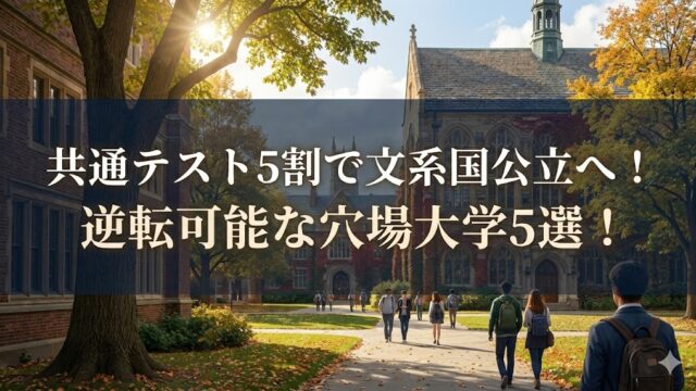 秋の大学キャンパスを歩く学生たちの写真に「共通テスト5割で文系国公立へ！逆転可能な穴場大学5選！」と文字が入ったバナー画像