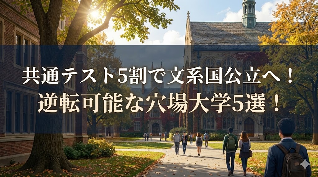 秋の大学キャンパスを歩く学生たちの写真に「共通テスト5割で文系国公立へ！逆転可能な穴場大学5選！」と文字が入ったバナー画像