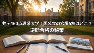 夕日が差す大学キャンパスの通路を背景に、机の上に開いた参考書とノート、ペンが置かれ、画像中央に「共テ460点理系大学！国公立の穴場5校はどこ？逆転合格の秘策」と大きく書かれているバナー画像