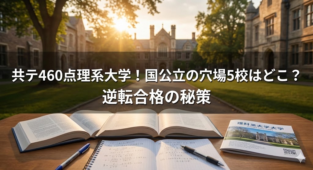 夕日が差す大学キャンパスの通路を背景に、机の上に開いた参考書とノート、ペンが置かれ、画像中央に「共テ460点理系大学！国公立の穴場5校はどこ？逆転合格の秘策」と大きく書かれているバナー画像