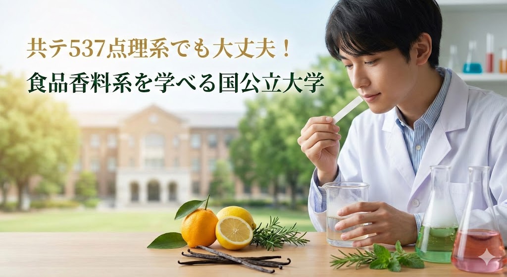 白衣の男性が香り紙を嗅いで香料を評価している。机の上にレモン（柑橘）、バニラビーンズ、ハーブと、色のついた液体が入ったビーカーが並び、背景に大学の校舎。画像上部に「共テ537点理系でも大丈夫！食品香料系を学べる国公立大学」の文字。