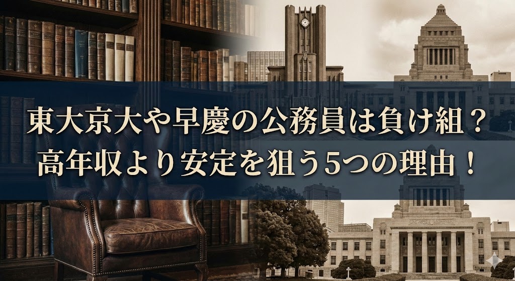 本棚と革張りの椅子、国会議事堂などの建物写真を背景に、「東大京大や早慶の公務員は負け組？高年収より安定を狙う5つの理由！」という文字が大きく入ったサムネイル画像。