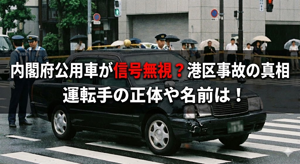 雨の交差点で、フロント部分が破損した黒いセダンの周囲に警察官が立ち、歩行者が傘をさして見守っている様子。画像上に「内閣府公用車が信号無視？港区事故の真相　運転手の正体や名前は！」という大きな文字が重ねられている。