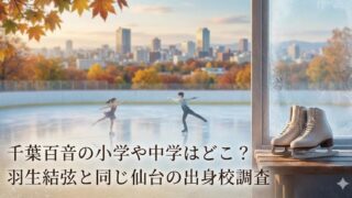 秋色の街並みを背景にしたスケートリンクのイラスト。窓辺にスケート靴、下部に「千葉百音の小学や中学はどこ？羽生結弦と同じ仙台の出身校調査」の文字