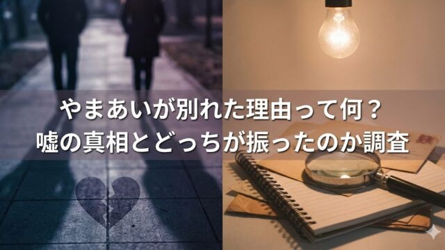 夜の歩道を離れて歩く2人のシルエットと割れたハートのアイコン、右側にノートと虫眼鏡が置かれた机。『やまあいが別れた理由って何？嘘の真相とどっちが振ったのか調査』の文字入りサムネイル