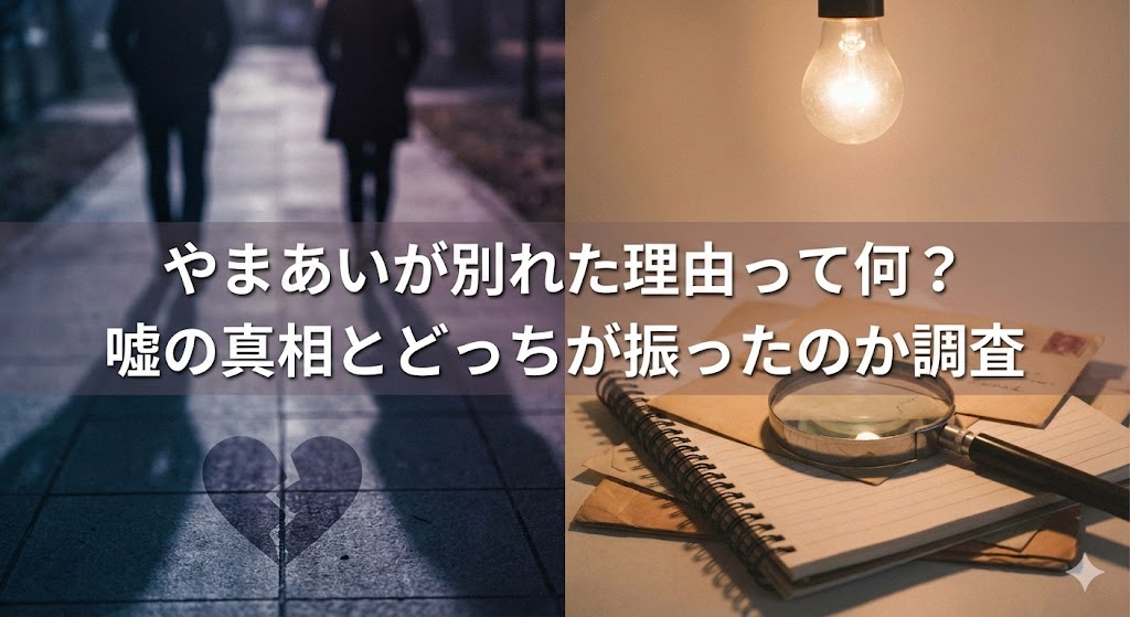 夜の歩道を離れて歩く2人のシルエットと割れたハートのアイコン、右側にノートと虫眼鏡が置かれた机。『やまあいが別れた理由って何?嘘の真相とどっちが振ったのか調査』の文字入りサムネイル