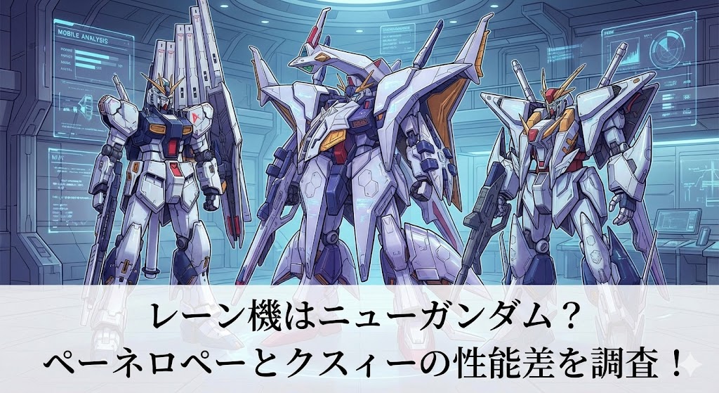 作戦室のようなモニターが並ぶ室内で、白いガンダム系モビルスーツ3機(中央は大型で翼状装甲、左右も武装違い)が並ぶサムネイル画像。下部に「レーン機はニューガンダム? ペーネロペーとクスィーの性能差を調査!」の文字が入っている。