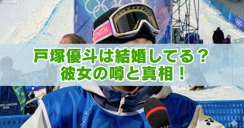 ゴーグルを付けた戸塚優斗がスキー場でインタビューを受けている写真に、「戸塚優斗は結婚してる?彼女の噂と真相!」の文字。