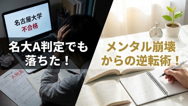 名古屋大学A判定でも不合格で落ち込む受験生と、勉強机で再起を誓う様子を対比したサムネイル画像