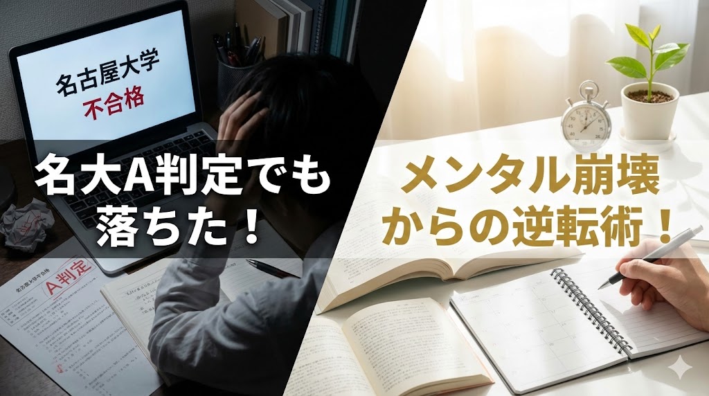 名古屋大学A判定でも不合格で落ち込む受験生と、勉強机で再起を誓う様子を対比したサムネイル画像