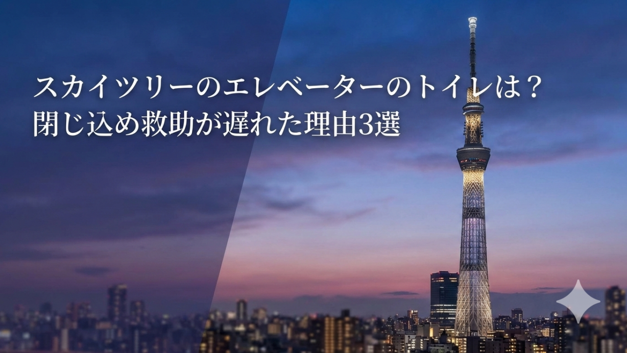 夕暮れの東京スカイツリーと街並みの写真に、『スカイツリーのエレベーターのトイレは？閉じ込め救助が遅れた理由3選』という白文字の見出しを載せたアイキャッチ画像。