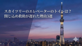 夕暮れの東京スカイツリーと街並みの写真に、『スカイツリーのエレベーターのトイレは？閉じ込め救助が遅れた理由3選』という白文字の見出しを載せたアイキャッチ画像。