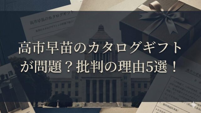 国会議事堂の写真とギフトボックス、書類を背景に「高市早苗のカタログギフトが問題？批判の理由5選！」と書かれたサムネイル
