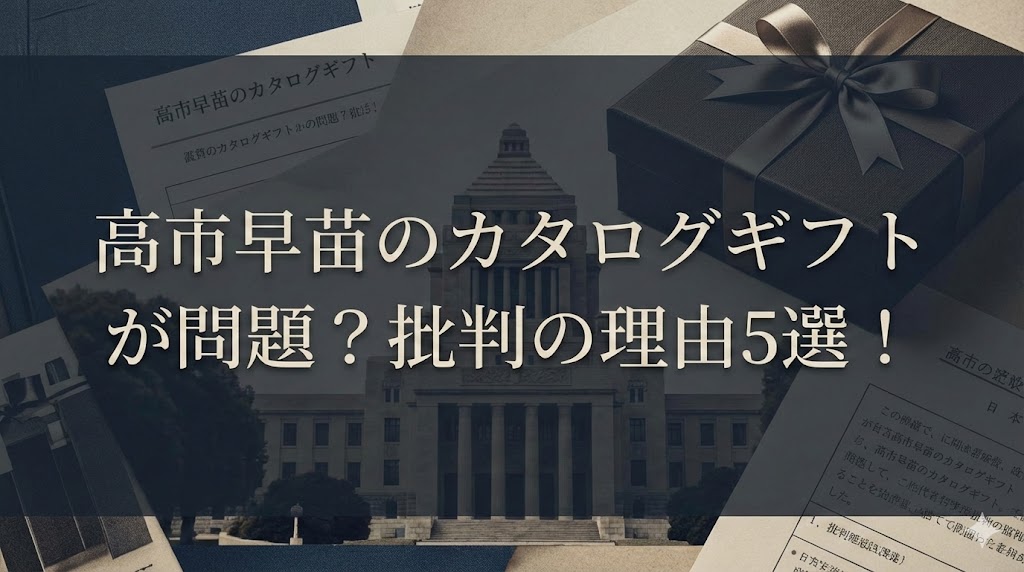 国会議事堂の写真とギフトボックス、書類を背景に「高市早苗のカタログギフトが問題?批判の理由5選!」と書かれたサムネイル